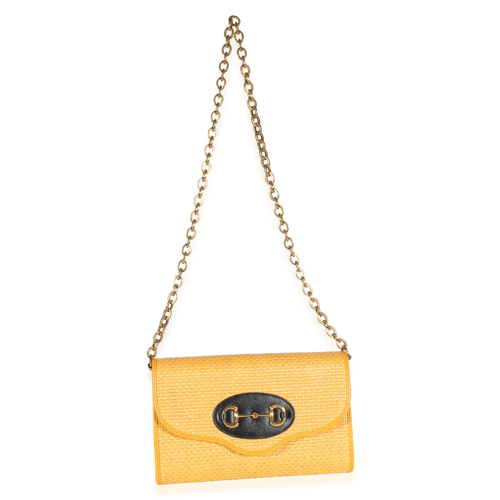 Gucci Yellow Raffia Azalea Calfskin Small Horsebit 1955 Chain Shoulder Bag - Picture 6 of 8